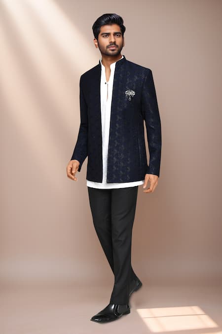 Shop Arihant Rai Sinha White Cotton, Terrycloth, Jacquard Navy Blue Geometric Woven Prince Coat Set Online at Aza Fashions Shop_Arihant Rai Sinha_White Cotton, Terrycloth, Jacquard Navy Blue Geometric Woven Prince Coat Set _Online_at_Aza_Fashions