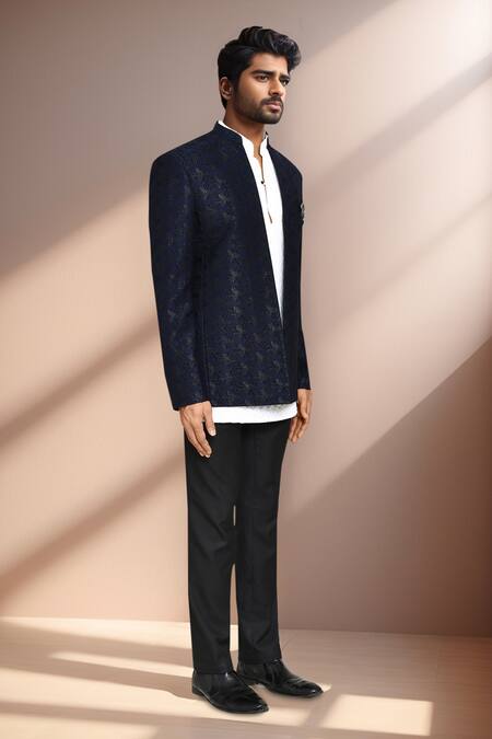 Arihant Rai Sinha White Cotton, Terrycloth, Jacquard Navy Blue Geometric Woven Prince Coat Set at Aza Fashions Arihant Rai Sinha_White Cotton, Terrycloth, Jacquard Navy Blue Geometric Woven Prince Coat Set _at_Aza_Fashions