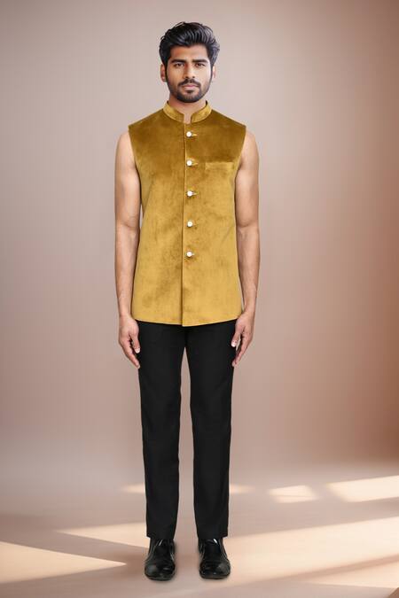 Arihant Rai Sinha_Gold Velvet, Terrycloth, Jacquard Embroidery, Floral Print Jacket And Pant Set _Online_at_Aza_Fashions
