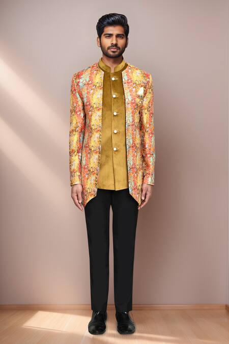 Buy_Arihant Rai Sinha_Gold Velvet, Terrycloth, Jacquard Embroidery, Floral Print Jacket And Pant Set _Online_at_Aza_Fashions