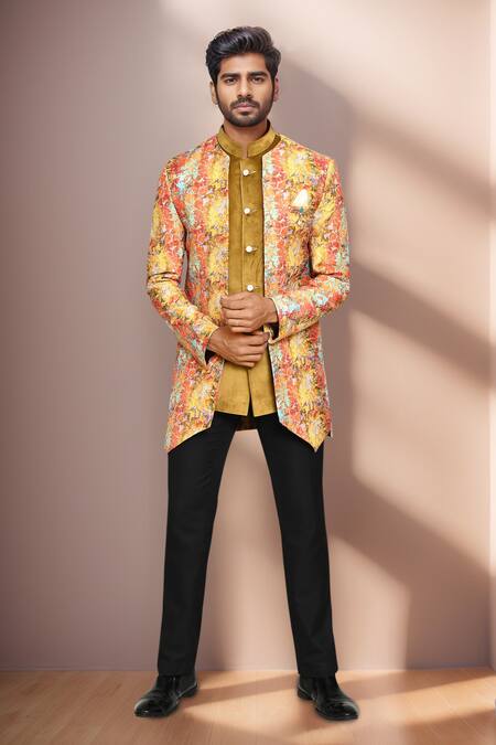 Arihant Rai Sinha_Gold Velvet, Terrycloth, Jacquard Embroidery, Floral Print Jacket And Pant Set _at_Aza_Fashions