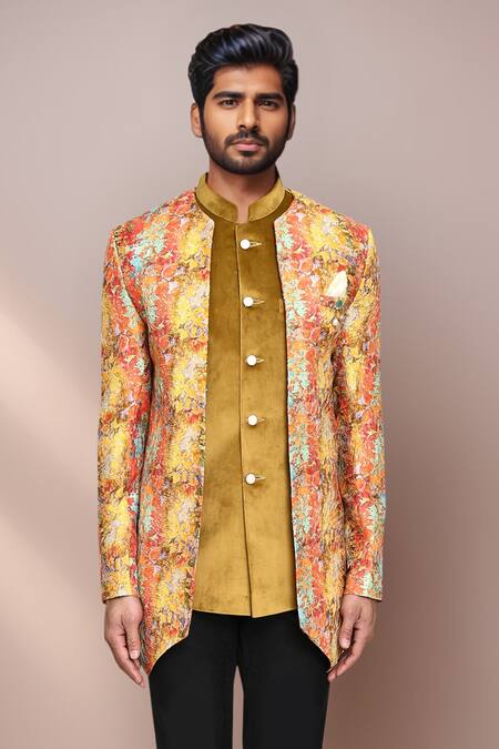 Buy_Arihant Rai Sinha_Gold Velvet, Terrycloth, Jacquard Embroidery, Floral Print Jacket And Pant Set 