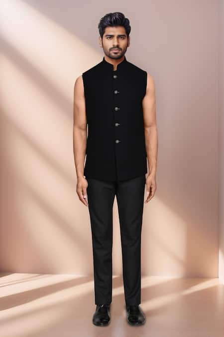 Arihant Rai Sinha_Black Rayon, Terrycloth, Jacquard Abstract Woven Prince Coat Set _Online_at_Aza_Fashions