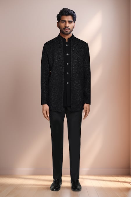 Buy_Arihant Rai Sinha_Black Rayon, Terrycloth, Jacquard Abstract Woven Prince Coat Set _Online_at_Aza_Fashions
