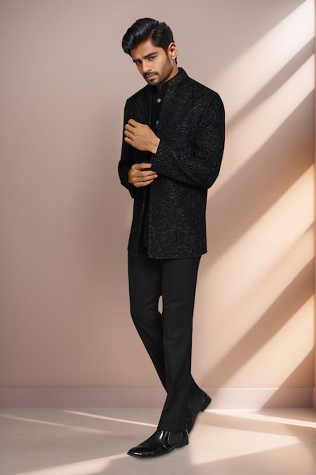 Shop_Arihant Rai Sinha_Black Rayon, Terrycloth, Jacquard Abstract Woven Prince Coat Set _Online_at_Aza_Fashions
