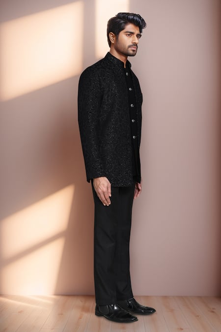 Arihant Rai Sinha_Black Rayon, Terrycloth, Jacquard Abstract Woven Prince Coat Set _at_Aza_Fashions