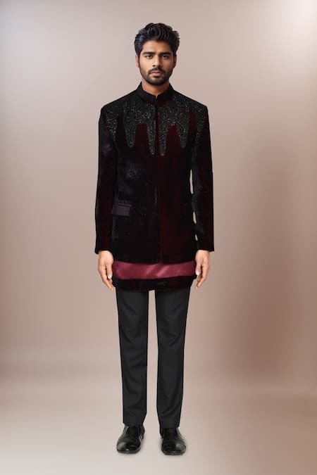 Arihant Rai Sinha Maroon Satin, Terrycloth, Silk Cut Work Cutdana Embroidered Prince Coat Set Online at Aza Fashions Arihant Rai Sinha_Maroon Satin, Terrycloth, Silk Cut Work Cutdana Embroidered Prince Coat Set _Online_at_Aza_Fashions
