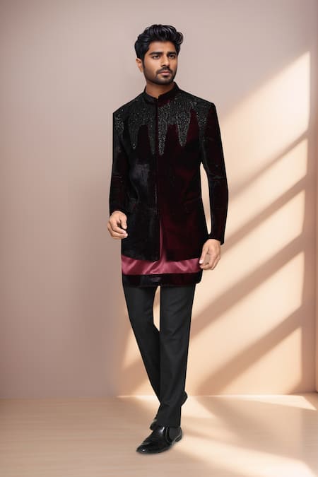 Shop Arihant Rai Sinha Maroon Satin, Terrycloth, Silk Cut Work Cutdana Embroidered Prince Coat Set Online at Aza Fashions Shop_Arihant Rai Sinha_Maroon Satin, Terrycloth, Silk Cut Work Cutdana Embroidered Prince Coat Set _Online_at_Aza_Fashions