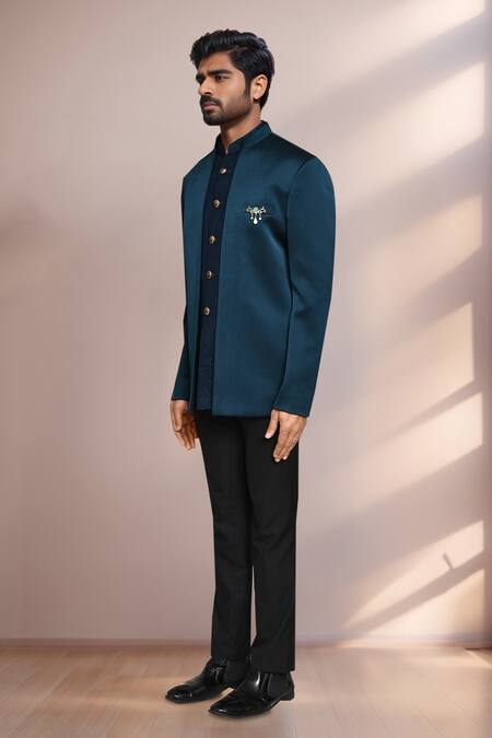 Arihant Rai Sinha_Green Terrycloth, Polyester Teal Bandhgala And Embroidered Jacket Set _Online_at_Aza_Fashions