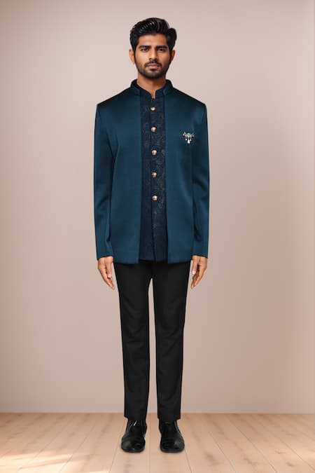 Buy_Arihant Rai Sinha_Green Terrycloth, Polyester Teal Bandhgala And Embroidered Jacket Set _Online_at_Aza_Fashions