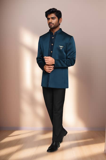 Shop_Arihant Rai Sinha_Green Terrycloth, Polyester Teal Bandhgala And Embroidered Jacket Set _Online_at_Aza_Fashions