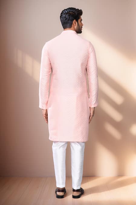 Shop Arihant Rai Sinha Pink Jacquard, Silk Checkered Woven Kurta Set at Aza Fashions Shop_Arihant Rai Sinha_Pink Jacquard, Silk Checkered Woven Kurta Set _at_Aza_Fashions