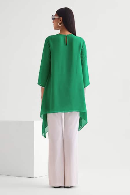 Shop_Namrata Joshipura_Green Georgette Embroidery Round Neck Floral Embellished Asymmetric Tunic _at_Aza_Fashions