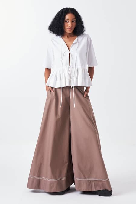 THREE_White Poplin V-neck Frilly Hem Tie Up Top _at_Aza_Fashions