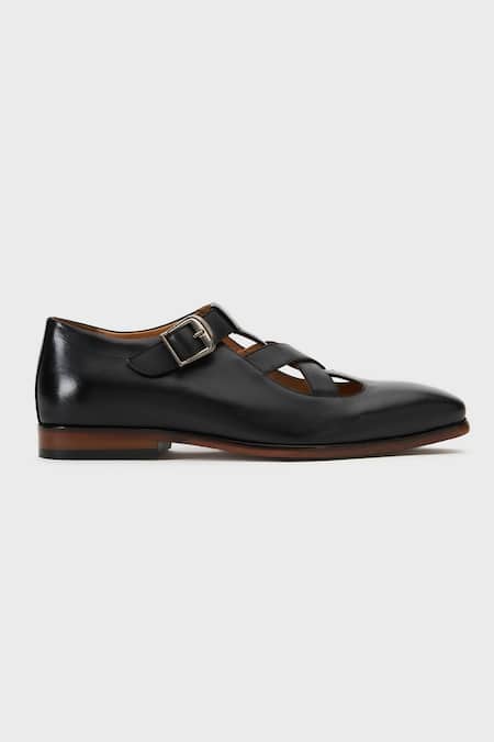 Nauvab_Black Plain Samrat Leather Sandals _Online_at_Aza_Fashions
