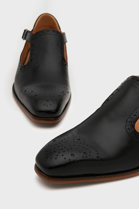 Shop_Nauvab_Black Plain Bagh Brogue Shoes _Online_at_Aza_Fashions