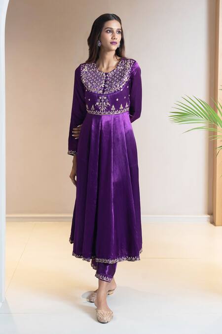 Buy_Aavya_Purple Gingham, Silk Embroidery Round Neck Bloom Anarkali Set _Online_at_Aza_Fashions
