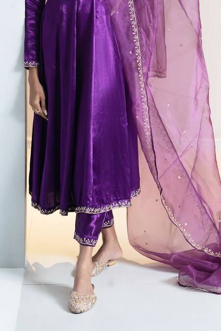 Shop_Aavya_Purple Gingham, Silk Embroidery Round Neck Bloom Anarkali Set _Online_at_Aza_Fashions