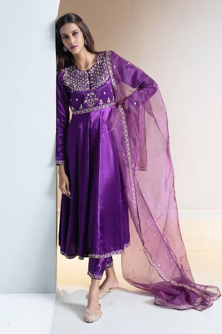 Aavya_Purple Gingham, Silk Embroidery Round Neck Bloom Anarkali Set _at_Aza_Fashions