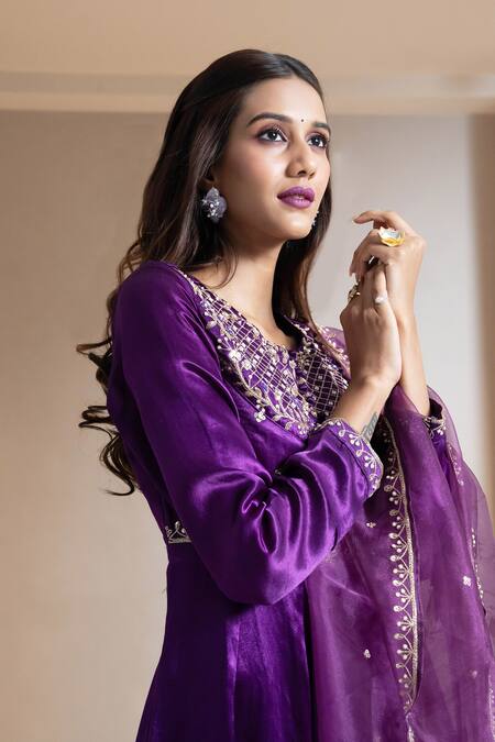 Buy_Aavya_Purple Gingham, Silk Embroidery Round Neck Bloom Anarkali Set 