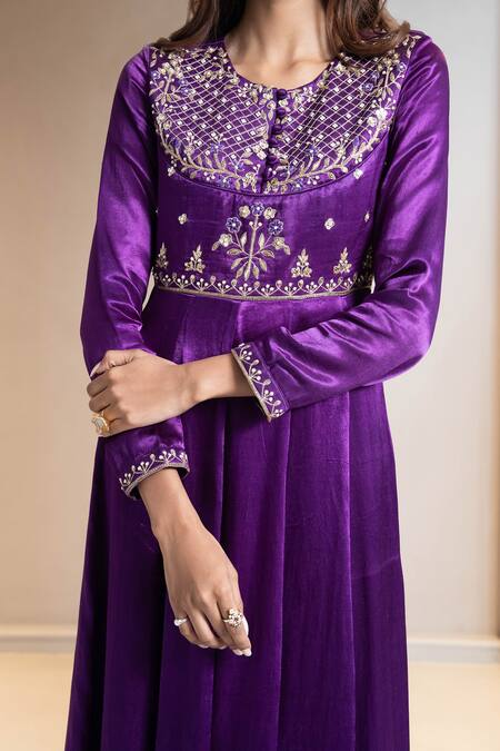 Shop_Aavya_Purple Gingham, Silk Embroidery Round Neck Bloom Anarkali Set 