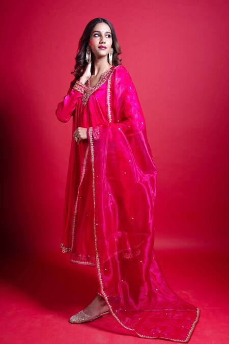 Shop_Aavya_Pink Gingham, Silk Embroidery V-neck Paisley Kurta Pant Set _Online_at_Aza_Fashions