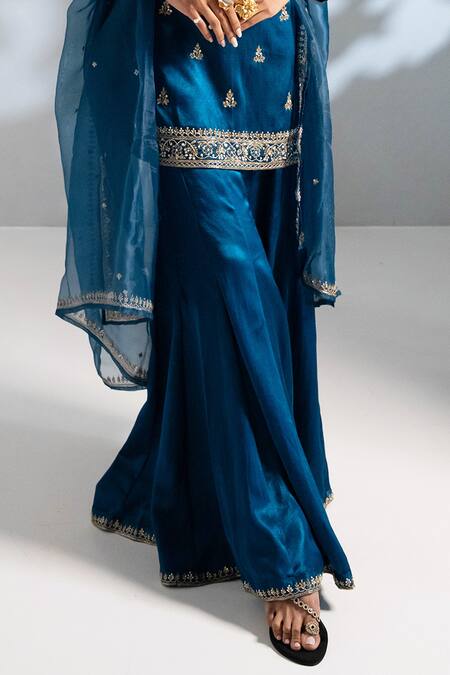 Aavya_Blue Gingham, Chiffon Embroidery Round Neck Floral Kurta Gharara Set _Online_at_Aza_Fashions