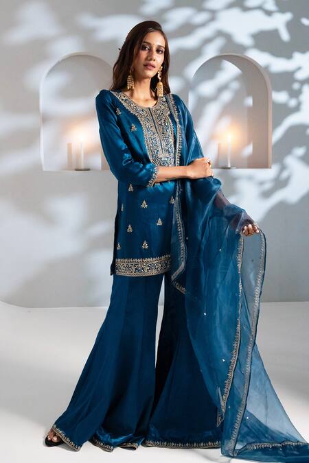 Buy_Aavya_Blue Gingham, Chiffon Embroidery Round Neck Floral Kurta Gharara Set _Online_at_Aza_Fashions