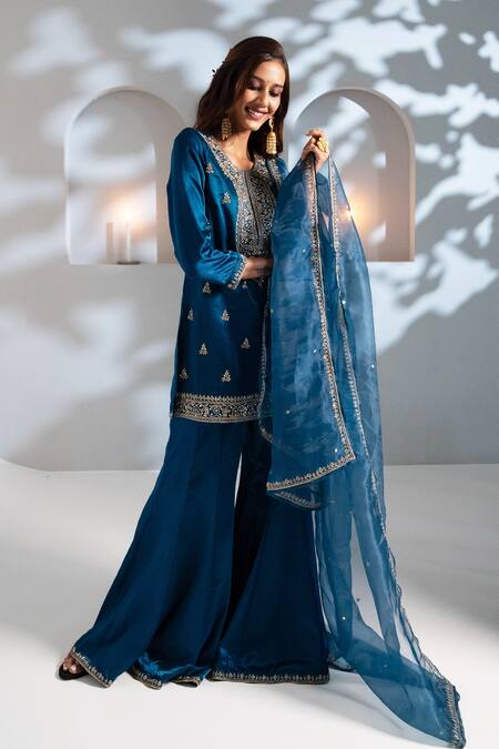 Shop_Aavya_Blue Gingham, Chiffon Embroidery Round Neck Floral Kurta Gharara Set _Online_at_Aza_Fashions