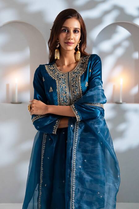 Aavya_Blue Gingham, Chiffon Embroidery Round Neck Floral Kurta Gharara Set _at_Aza_Fashions