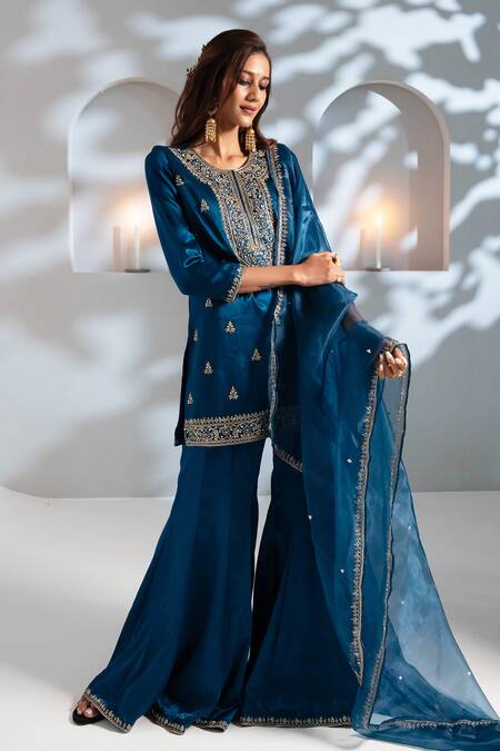 Buy_Aavya_Blue Gingham, Chiffon Embroidery Round Neck Floral Kurta Gharara Set 