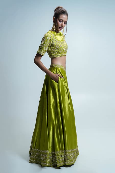 Aavya_Green Gabardine, Silk Sequins, Pearls Bloom Embroidered Lime Lehenga Set _Online_at_Aza_Fashions