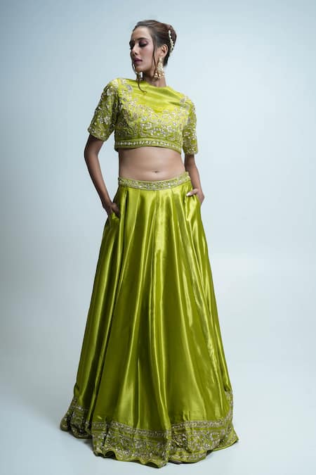 Aavya Bloom Embroidered Lime Green Lehenga Set 