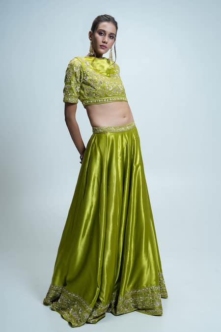 Buy_Aavya_Green Gabardine, Silk Sequins, Pearls Bloom Embroidered Lime Lehenga Set _Online_at_Aza_Fashions