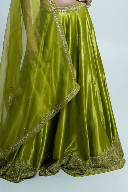 Shop_Aavya_Green Gabardine, Silk Sequins, Pearls Bloom Embroidered Lime Lehenga Set _Online_at_Aza_Fashions