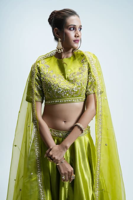 Aavya_Green Gabardine, Silk Sequins, Pearls Bloom Embroidered Lime Lehenga Set _at_Aza_Fashions