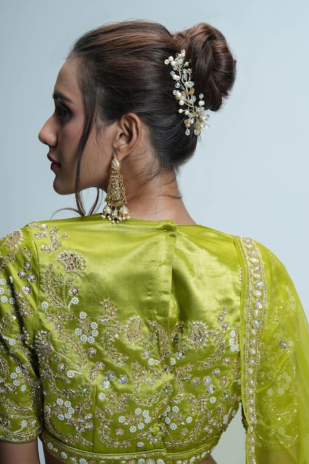 Buy_Aavya_Green Gabardine, Silk Sequins, Pearls Bloom Embroidered Lime Lehenga Set 