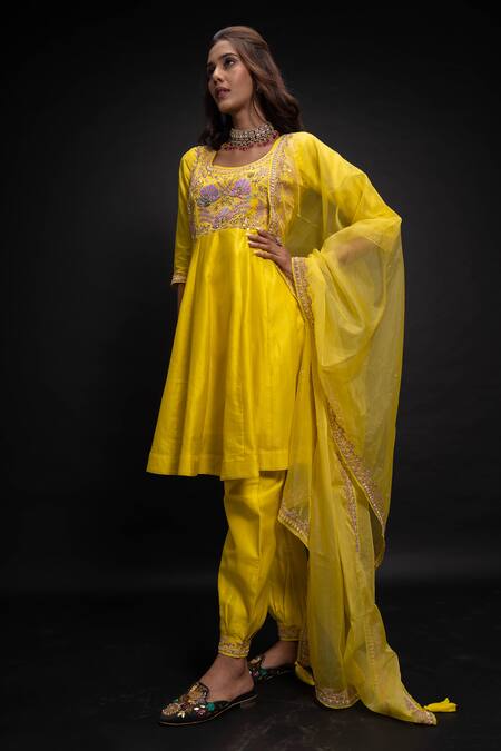 Buy_Aavya_Yellow Chanderi Embroidery Round Neck Bahar Kurta Set _Online_at_Aza_Fashions
