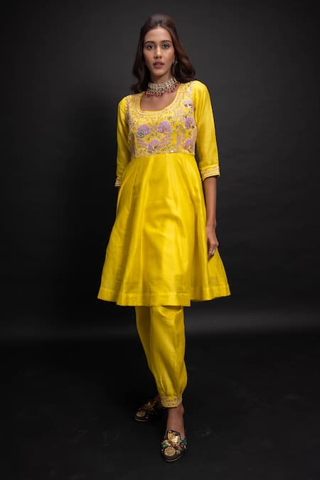 Shop_Aavya_Yellow Chanderi Embroidery Round Neck Bahar Kurta Set _Online_at_Aza_Fashions
