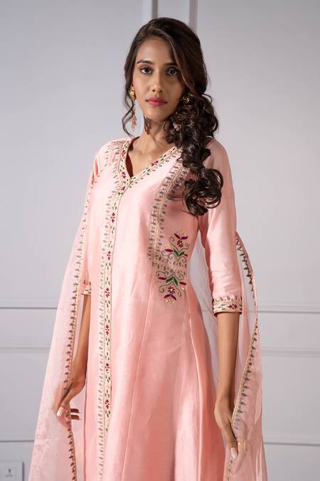 Shop_Aavya_Peach Chanderi Embroidery V-neck Vine Kurta Set _Online_at_Aza_Fashions