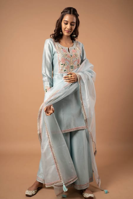 Buy_Aavya_Blue Chanderi Embroidery Round Neck Gul Yoke Kurta Palazzo Set _Online_at_Aza_Fashions