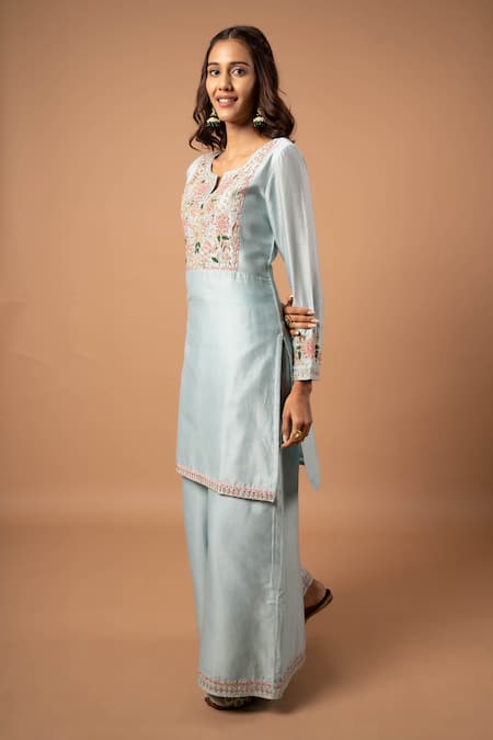 Shop_Aavya_Blue Chanderi Embroidery Round Neck Gul Yoke Kurta Palazzo Set _Online_at_Aza_Fashions