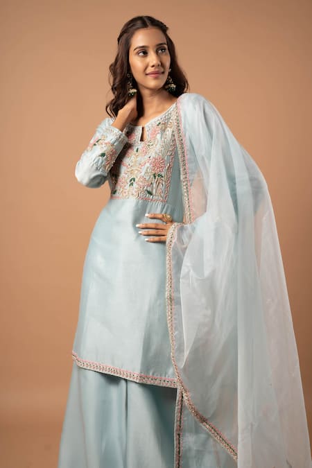 Aavya_Blue Chanderi Embroidery Round Neck Gul Yoke Kurta Palazzo Set _at_Aza_Fashions