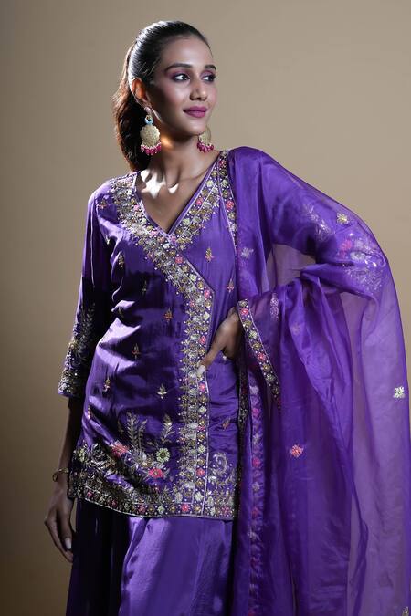 Shop_Aavya_Purple Silk Embroidery V-neck Gul Angarkha Kurta Set _Online_at_Aza_Fashions