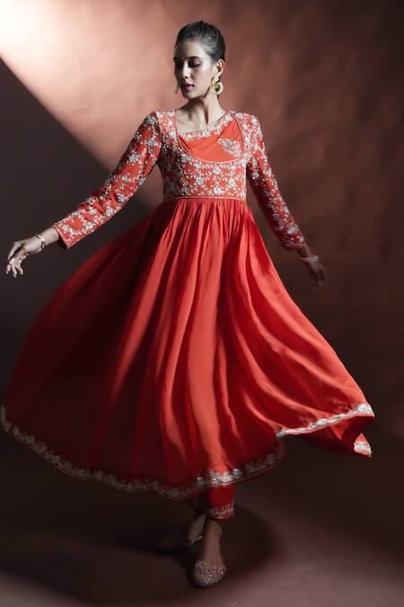 Buy_Aavya_Orange Chiffon Embroidery Asymmetric Bahara Anarkali Set _Online_at_Aza_Fashions