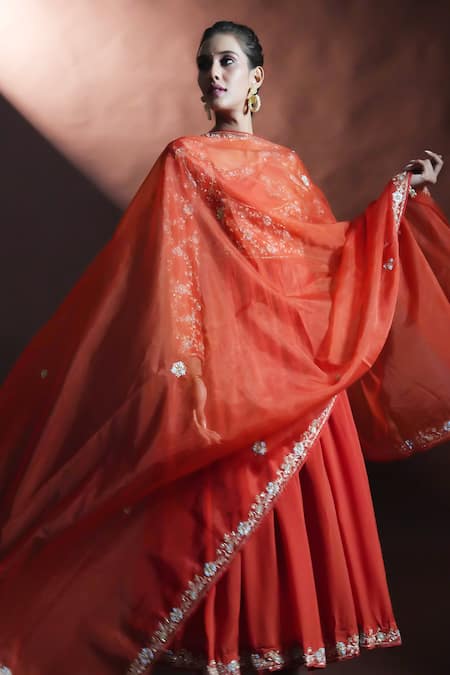 Shop_Aavya_Orange Chiffon Embroidery Asymmetric Bahara Anarkali Set _Online_at_Aza_Fashions