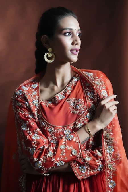 Aavya_Orange Chiffon Embroidery Asymmetric Bahara Anarkali Set _at_Aza_Fashions