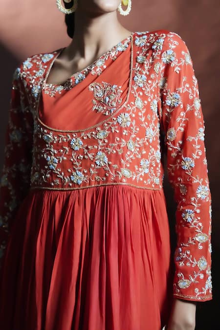 Buy_Aavya_Orange Chiffon Embroidery Asymmetric Bahara Anarkali Set 