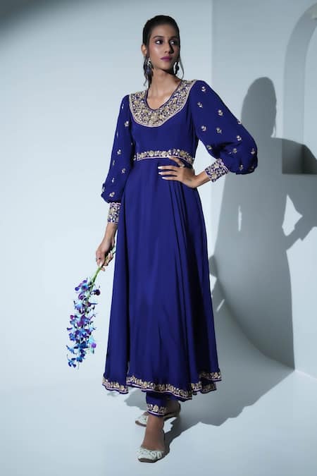 Aavya Blue Chiffon Embroidery Round Neck Floral Anarkali Set Online at Aza Fashions Aavya_Blue Chiffon Embroidery Round Neck Floral Anarkali Set _Online_at_Aza_Fashions