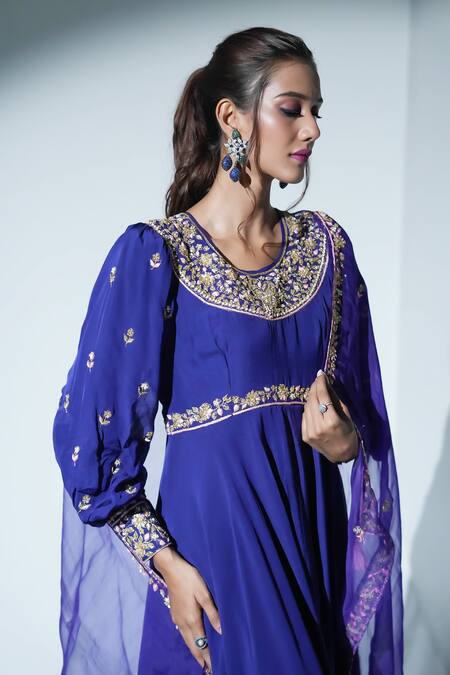 Shop Aavya Blue Chiffon Embroidery Round Neck Floral Anarkali Set Online at Aza Fashions Shop_Aavya_Blue Chiffon Embroidery Round Neck Floral Anarkali Set _Online_at_Aza_Fashions